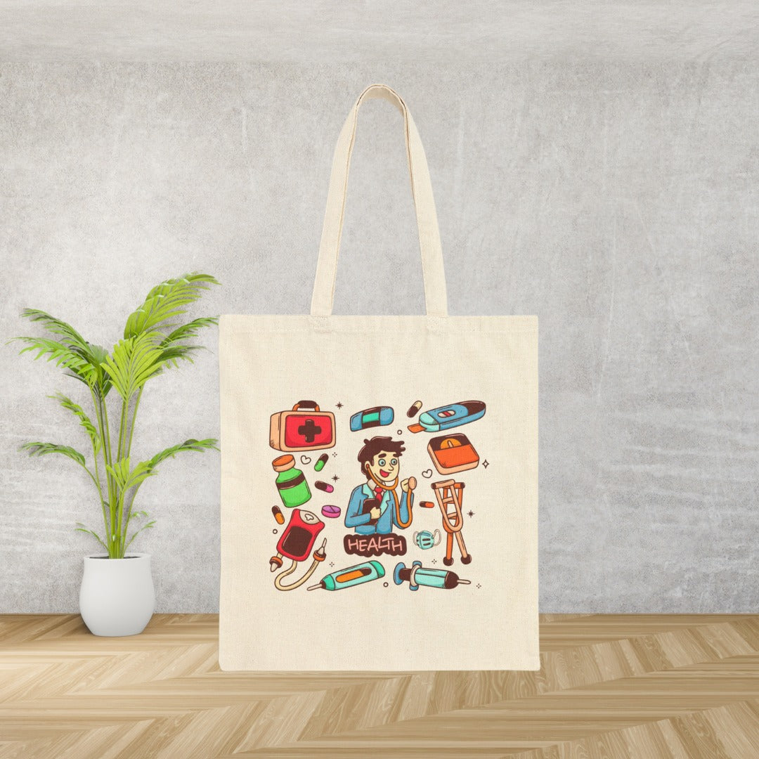Health-Themed Cotton Canvas Tote Bag, Eco-Friendly Grocery Bag, Doctor's Gifts, Cute Nurse Tote, Medical Supplies Bag