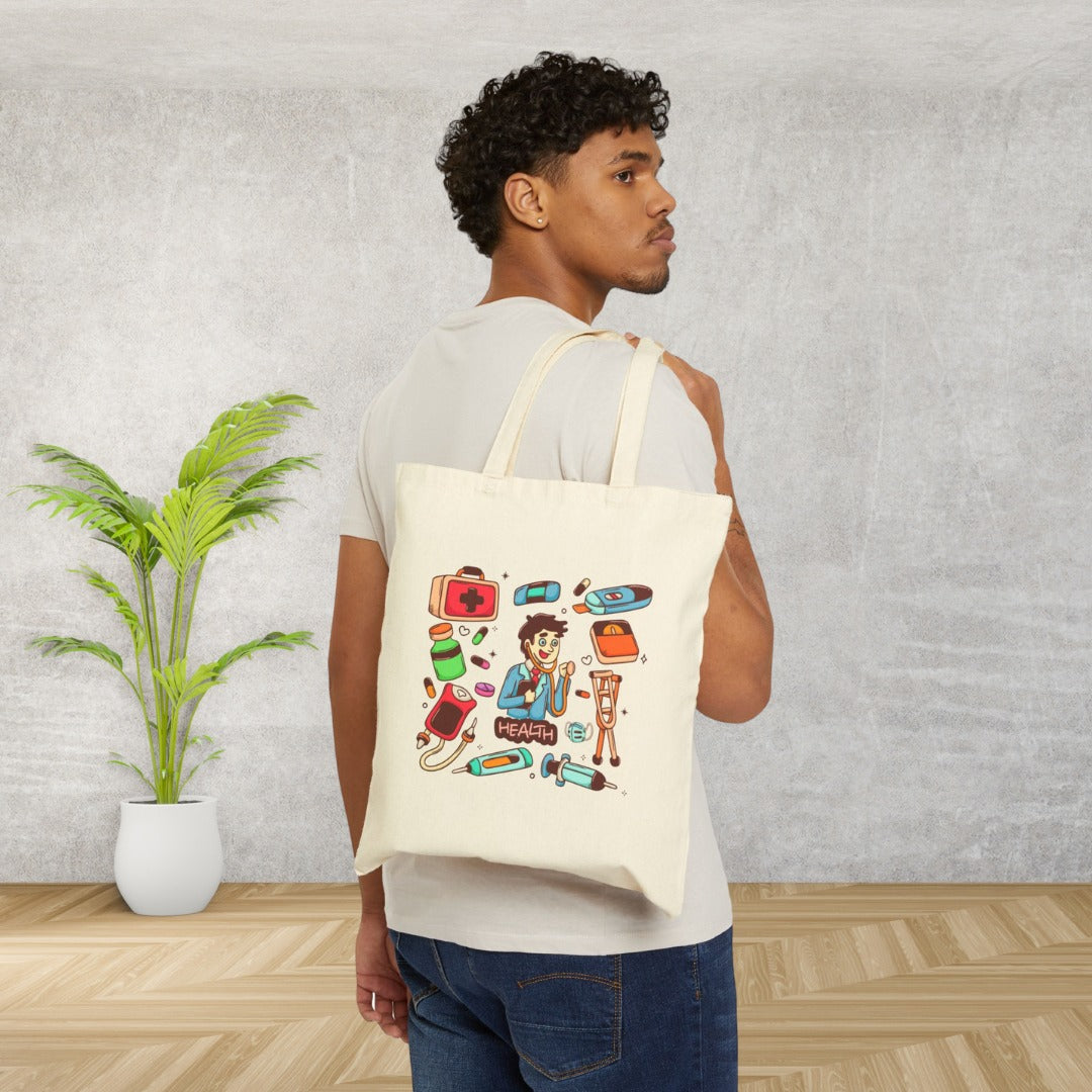 Health-Themed Cotton Canvas Tote Bag, Eco-Friendly Grocery Bag, Doctor's Gifts, Cute Nurse Tote, Medical Supplies Bag