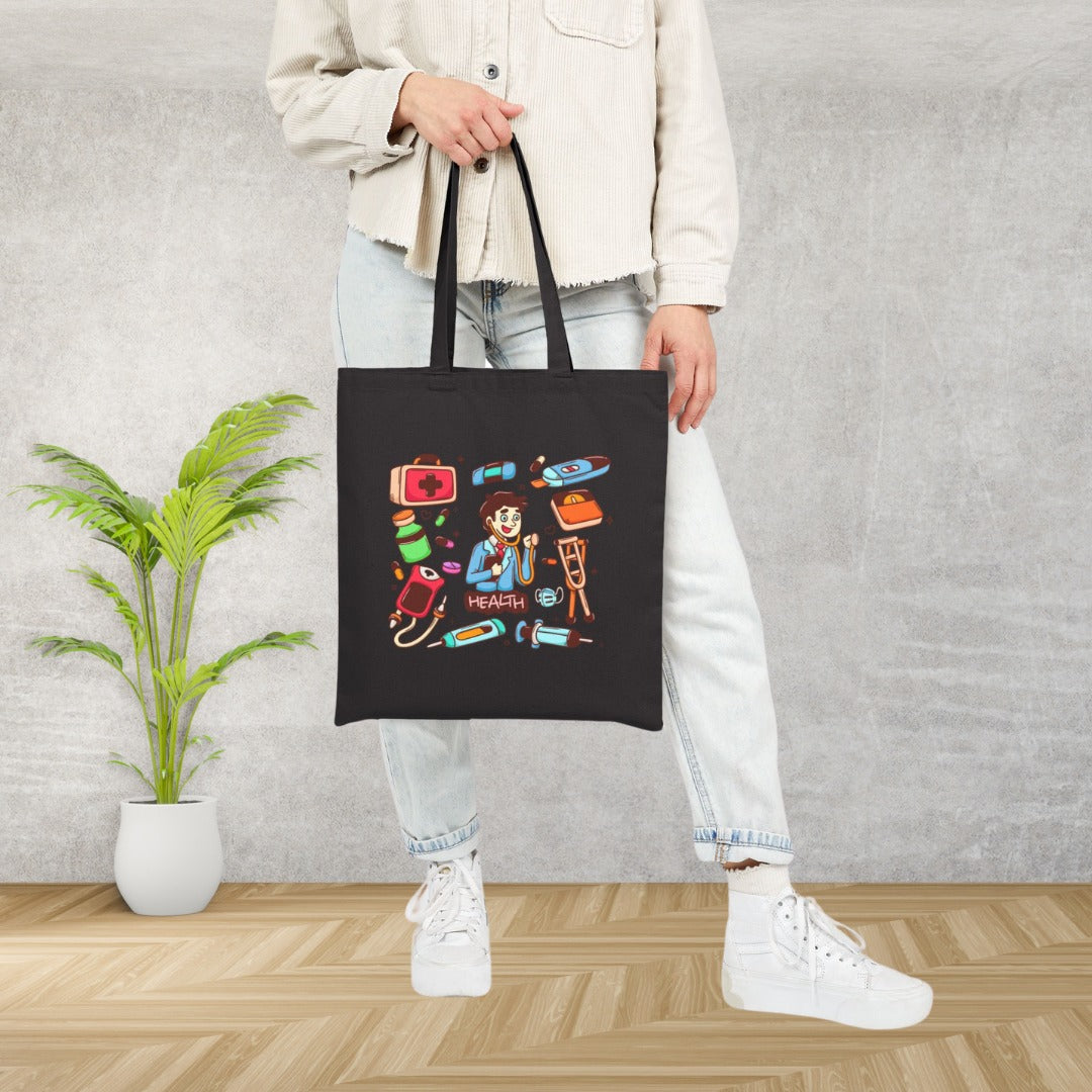 Health-Themed Cotton Canvas Tote Bag, Eco-Friendly Grocery Bag, Doctor's Gifts, Cute Nurse Tote, Medical Supplies Bag