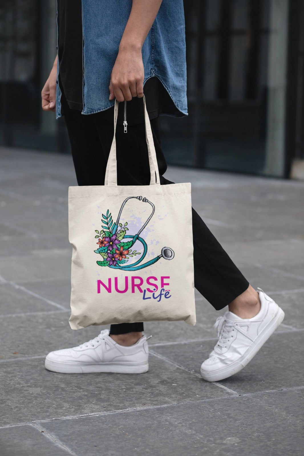 Nurse Life Cotton Canvas Tote Bag, Eco-Friendly Tote, Nurse Gift, Floral Tote, Shopping Bag, Healthcare Tote
