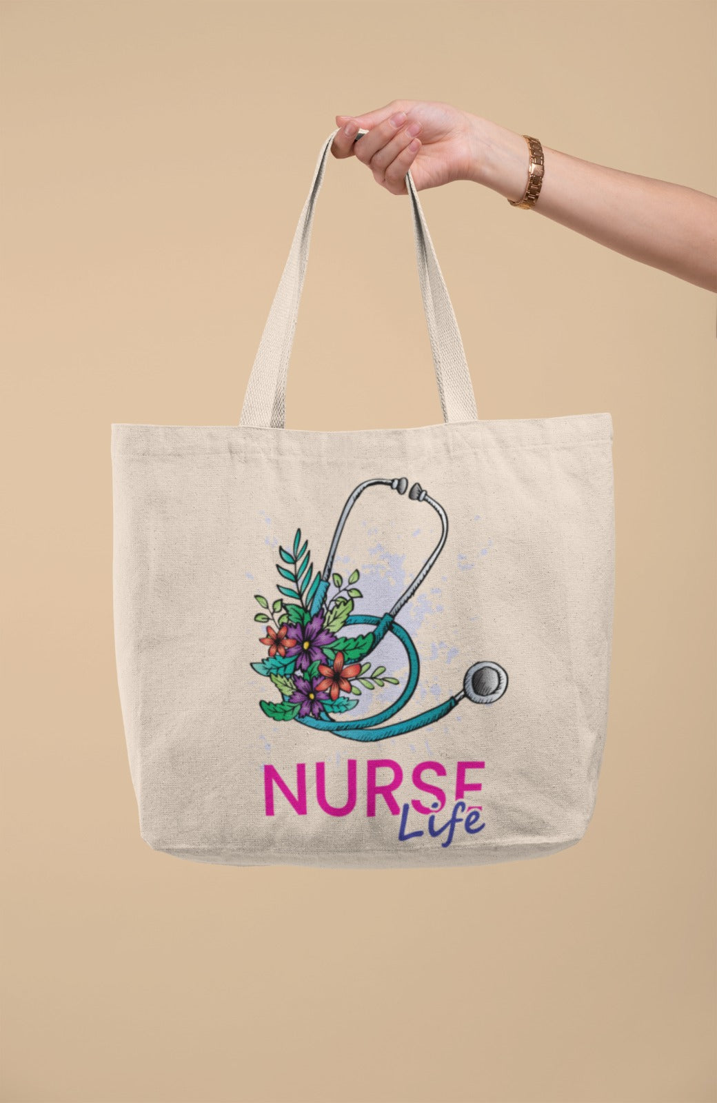 Nurse Life Cotton Canvas Tote Bag, Eco-Friendly Tote, Nurse Gift, Floral Tote, Shopping Bag, Healthcare Tote