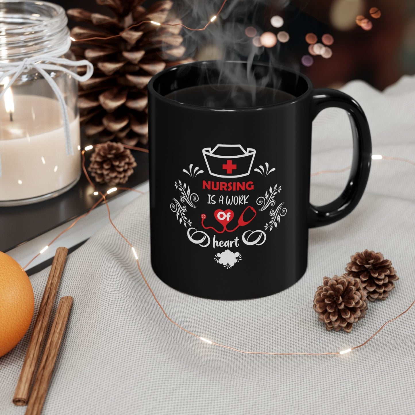 Nurse Heart Black Mug, Perfect Gift for Healthcare Workers, Coffee Lovers, Nursing Graduates, Valentine’s Day, Appreciation for Nurse