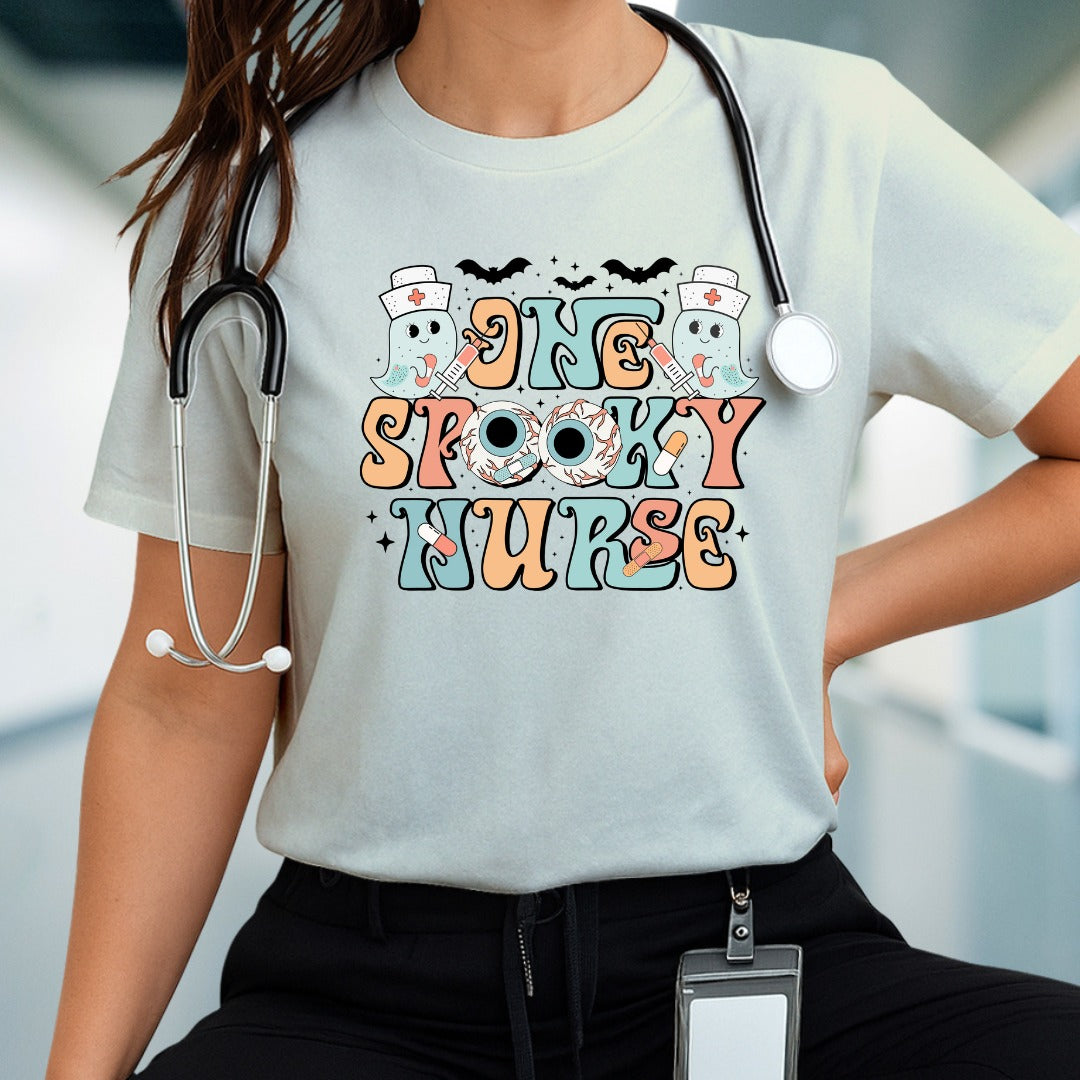 One Spooky Nurse Halloween T-Shirt, Cute Ghost Nurse Shirt for Medical Workers, Funny Halloween Nurse Costume Tee, Spooky RN Gift