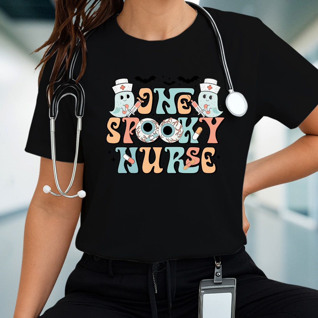 One Spooky Nurse Halloween T-Shirt, Cute Ghost Nurse Shirt for Medical Workers, Funny Halloween Nurse Costume Tee, Spooky RN Gift