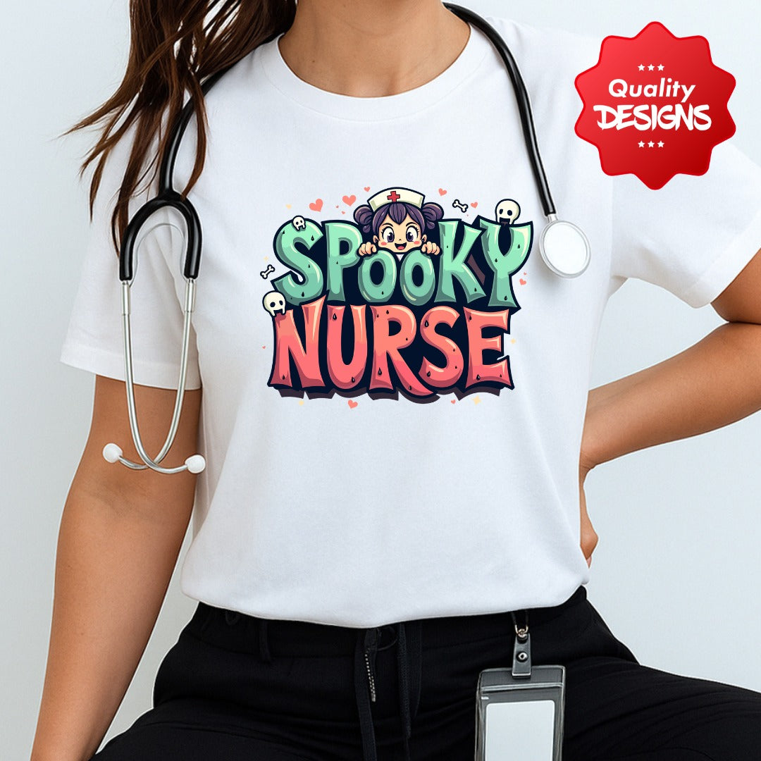 Spooky Nurse Tee, Halloween Costume Shirt, Unisex Graphic T, Funny Nurse Humor Top, Medical Worker Gift, Cozy Casual Wear