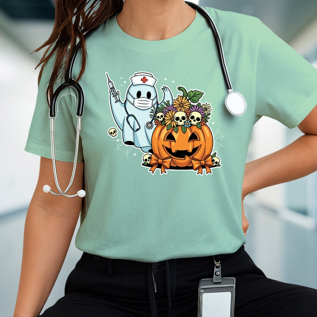 Halloween-Inspired Graphic Tee, Unisex Jersey Short Sleeve, Pumpkin & Ghost Design, Spooky Apparel, Fall Fashion, Casual Halloween Shirt