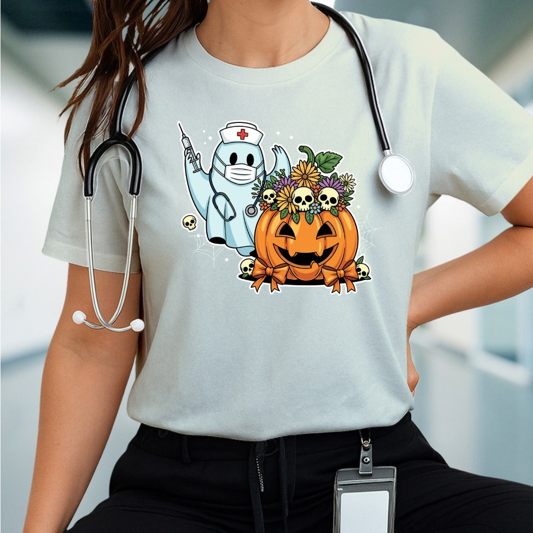Halloween-Inspired Graphic Tee, Unisex Jersey Short Sleeve, Pumpkin & Ghost Design, Spooky Apparel, Fall Fashion, Casual Halloween Shirt