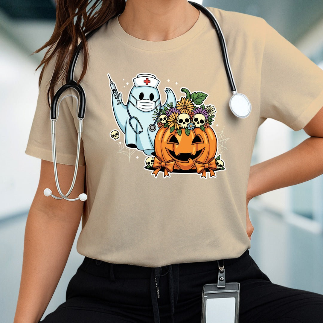 Halloween-Inspired Graphic Tee, Unisex Jersey Short Sleeve, Pumpkin & Ghost Design, Spooky Apparel, Fall Fashion, Casual Halloween Shirt