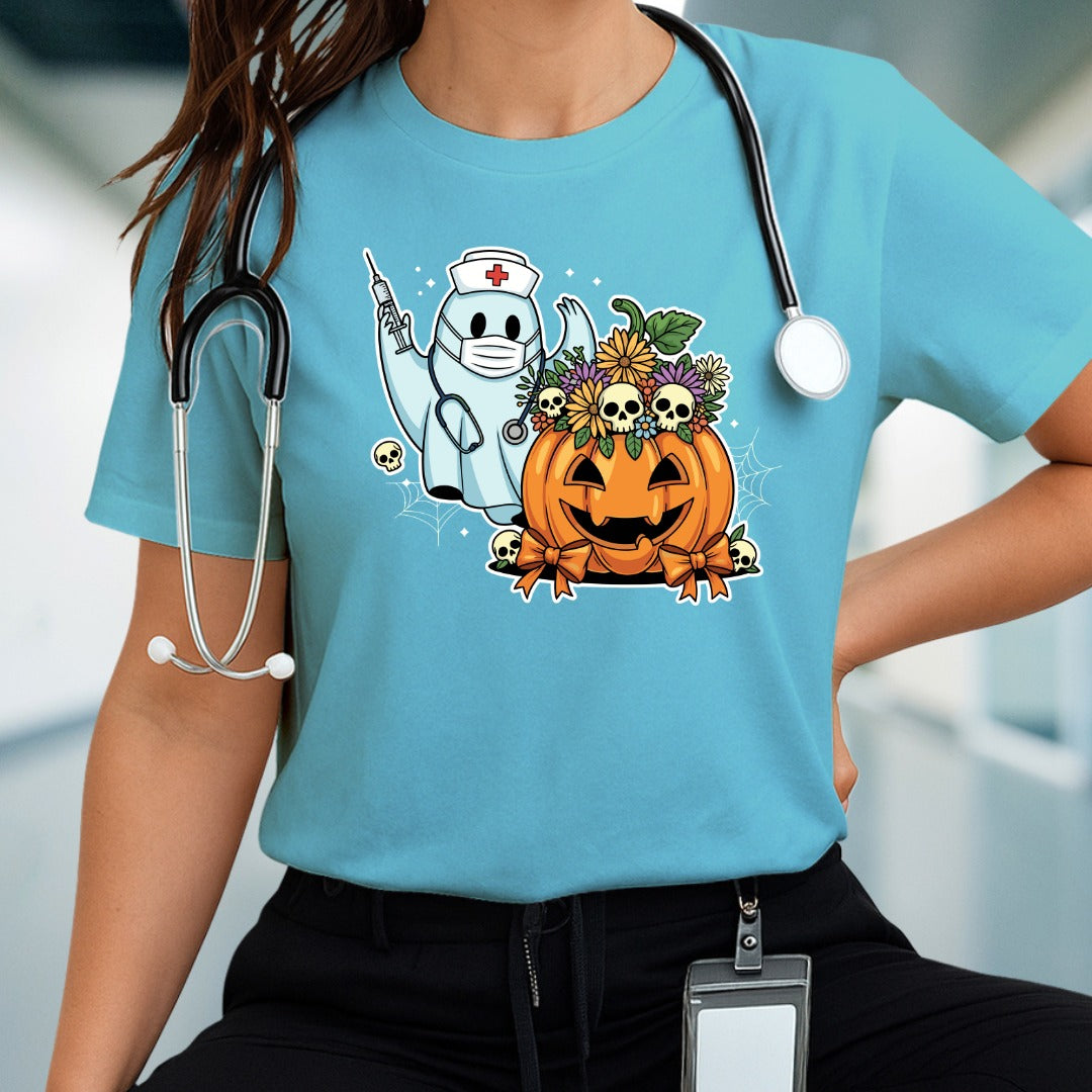 Halloween-Inspired Graphic Tee, Unisex Jersey Short Sleeve, Pumpkin & Ghost Design, Spooky Apparel, Fall Fashion, Casual Halloween Shirt