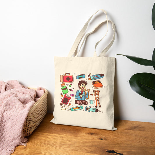 Health-Themed Cotton Canvas Tote Bag, Eco-Friendly Grocery Bag, Doctor's Gifts, Cute Nurse Tote, Medical Supplies Bag