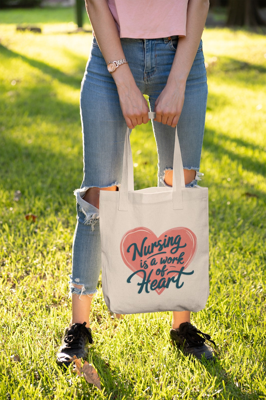 Nursing Tote Bag, Perfect Gift for Nurses, Eco-Friendly Cotton Canvas, Heart Design, Work of Heart, Nurse Appreciation, Everyday Use Tote