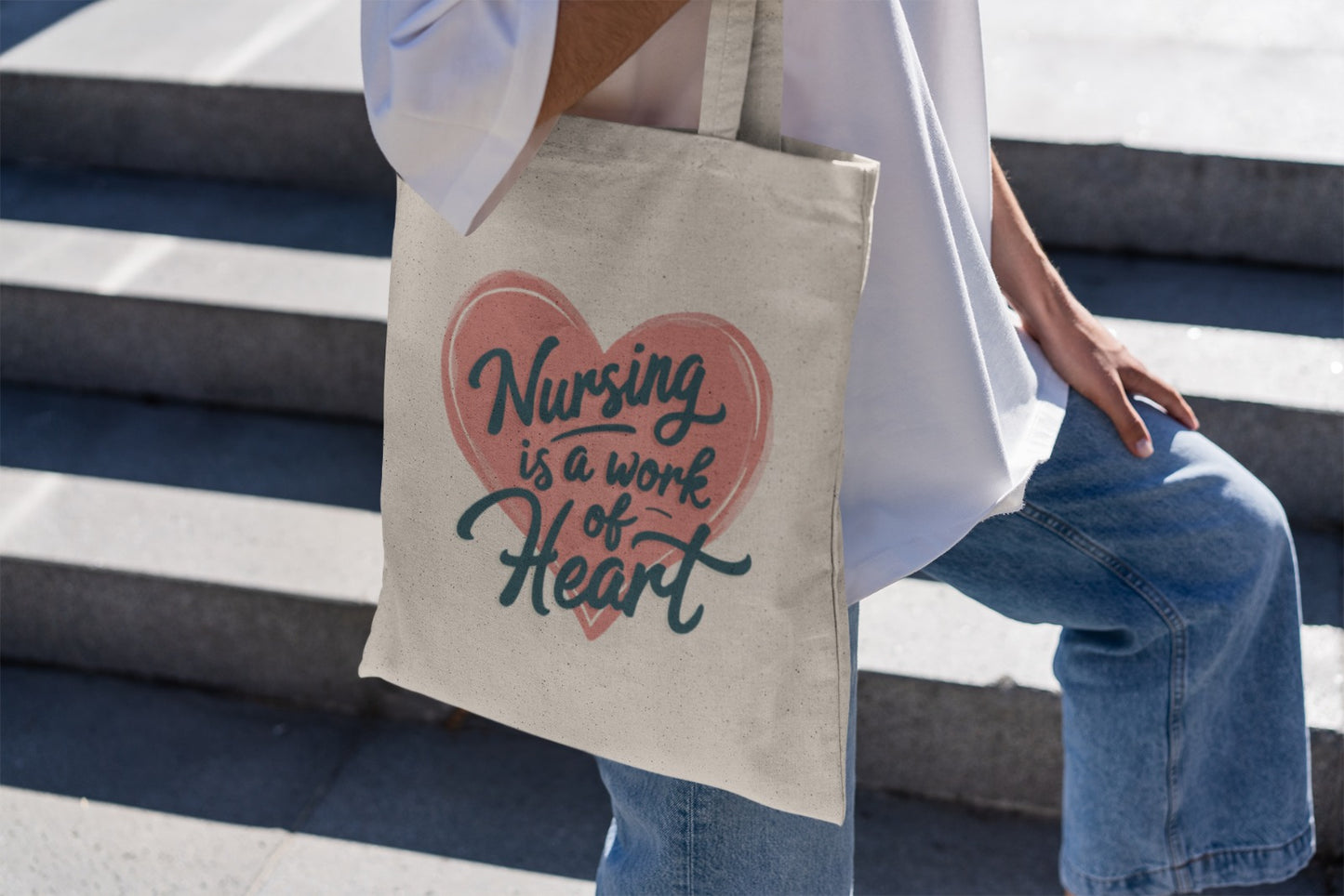 Nursing Tote Bag, Perfect Gift for Nurses, Eco-Friendly Cotton Canvas, Heart Design, Work of Heart, Nurse Appreciation, Everyday Use Tote