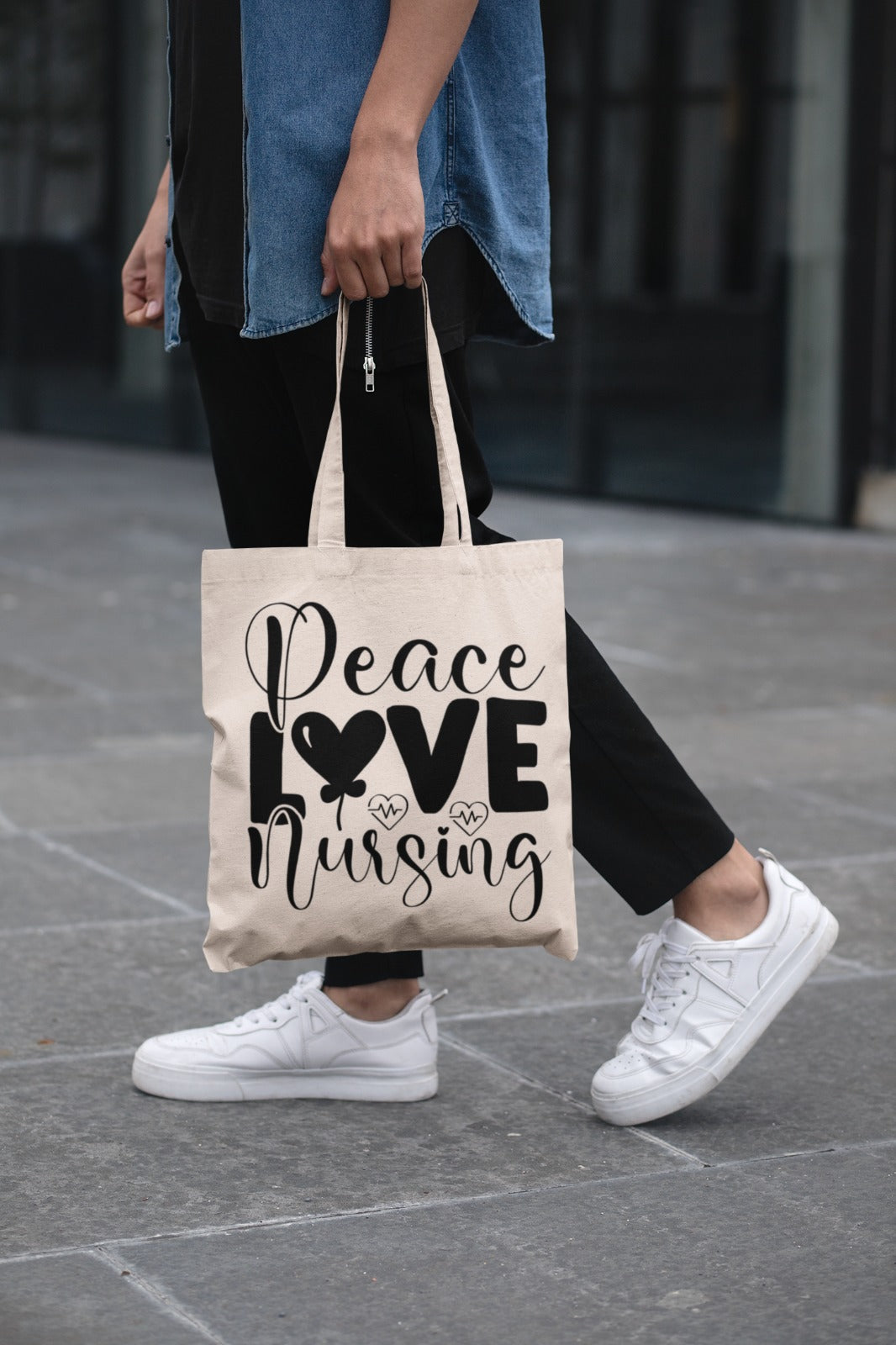 Nursing Tote Bag, Peace Love Gift for Nurse, Nurse Appreciation Week, Canvas Shoulder Bag, Nurse Graduation Present, Nurse Tote Bag for Work