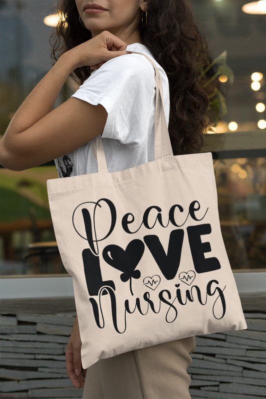 Nursing Tote Bag, Peace Love Gift for Nurse, Nurse Appreciation Week, Canvas Shoulder Bag, Nurse Graduation Present, Nurse Tote Bag for Work