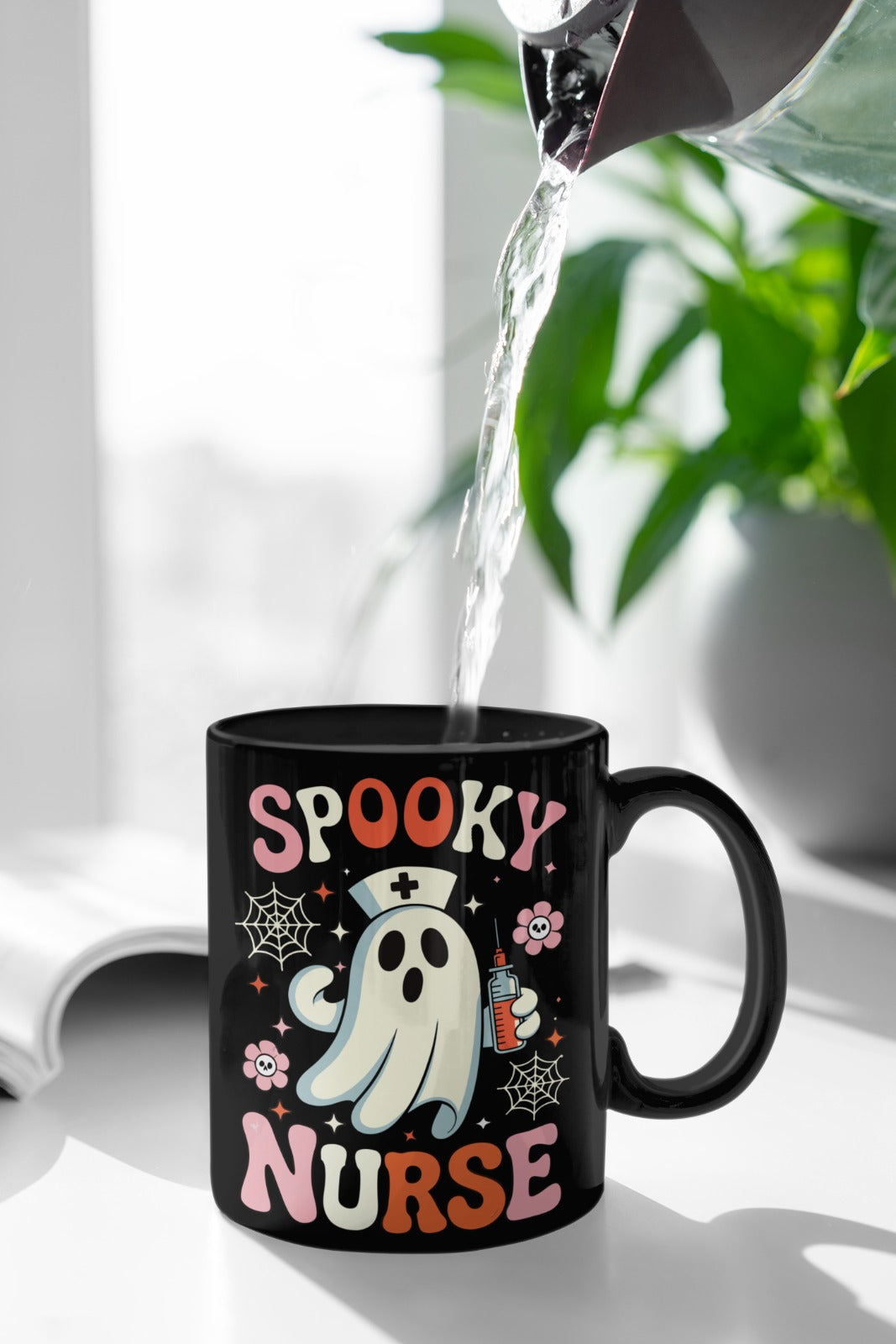 Spooky Nurse Mug, Halloween Coffee Mug, Nurse Appreciation Gift, Cute Ghost Mug, Black Ceramic Mug, Fun Nurse Decor, Nursing Mug, Coffee Mug