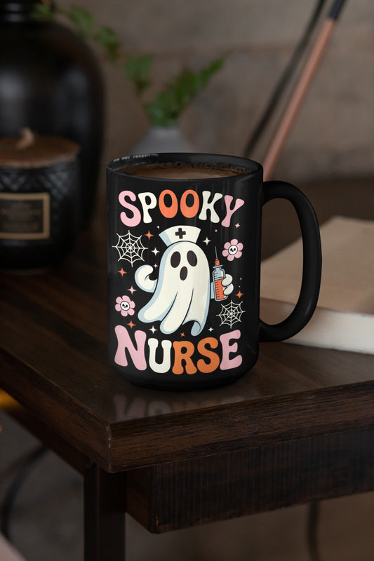 Spooky Nurse Mug, Halloween Coffee Mug, Nurse Appreciation Gift, Cute Ghost Mug, Black Ceramic Mug, Fun Nurse Decor, Nursing Mug, Coffee Mug
