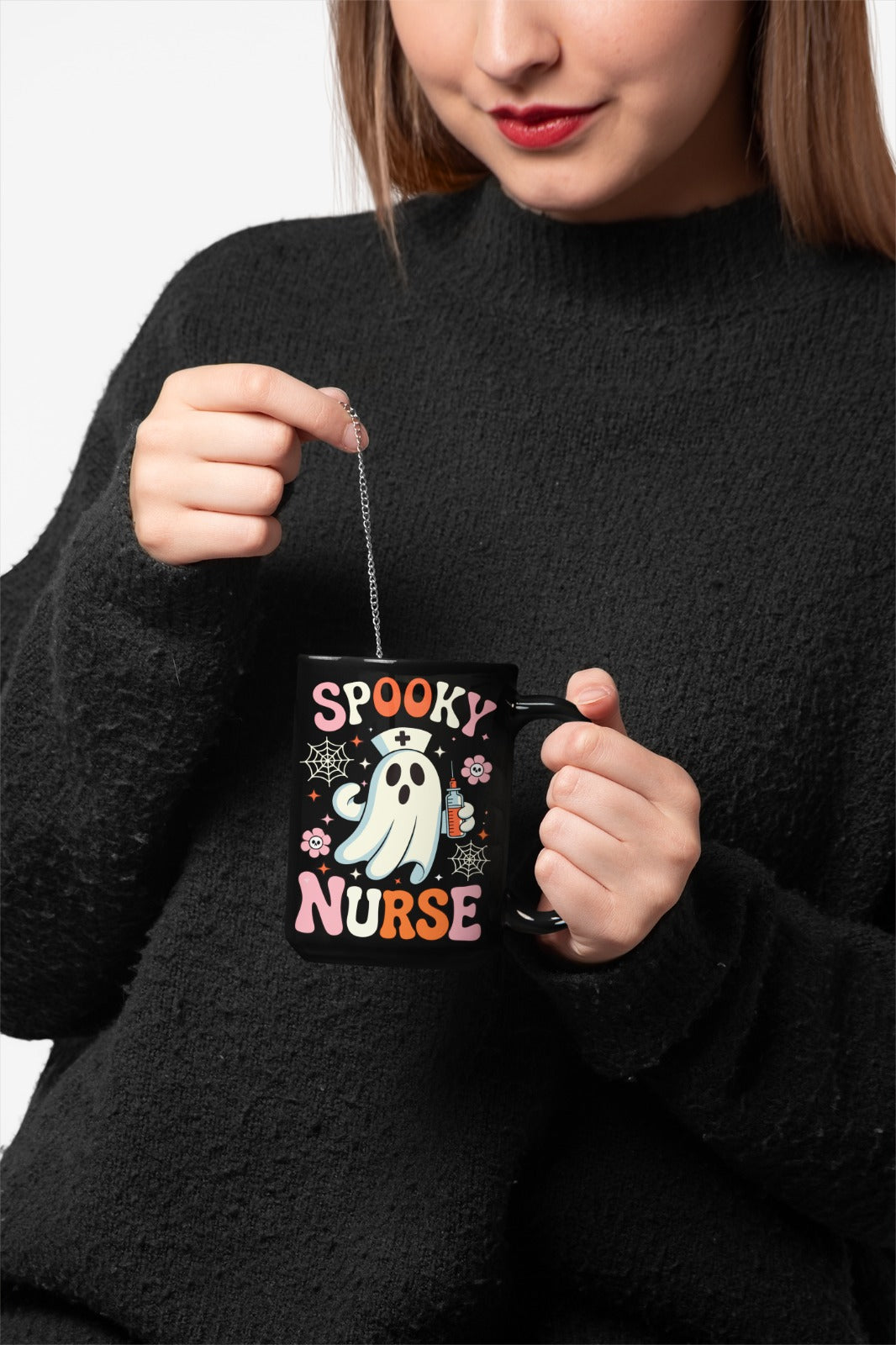 Spooky Nurse Mug, Halloween Coffee Mug, Nurse Appreciation Gift, Cute Ghost Mug, Black Ceramic Mug, Fun Nurse Decor, Nursing Mug, Coffee Mug