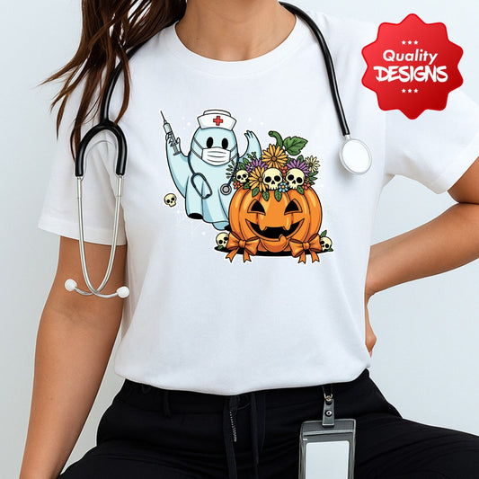 Halloween-Inspired Graphic Tee, Unisex Jersey Short Sleeve, Pumpkin & Ghost Design, Spooky Apparel, Fall Fashion, Casual Halloween Shirt
